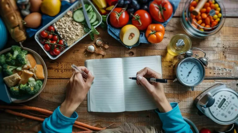 A person writing in a journal with a pen, surrounded by healthy food, a scale, and workout equipment.