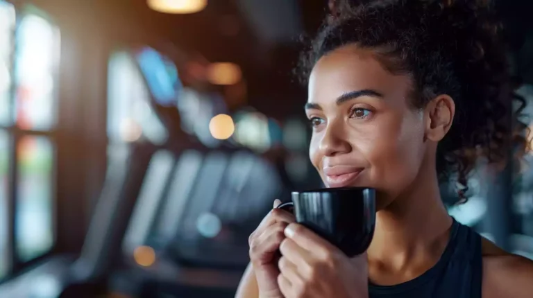 A woman enjoying a cup of black coffee while working out at the gym. She is feeling energized and focused during her workout, highlighting the potential benefits of coffee for weight loss.