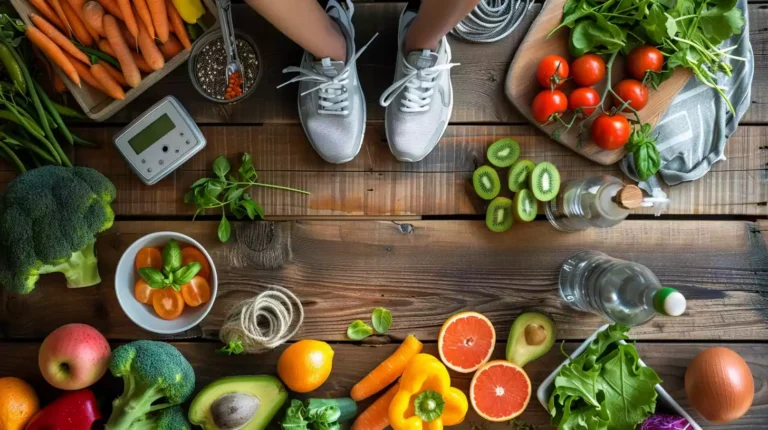 A person resting after high-intensity interval training, surrounded by healthy food options like fruits and vegetables, a scale, and a water bottle.