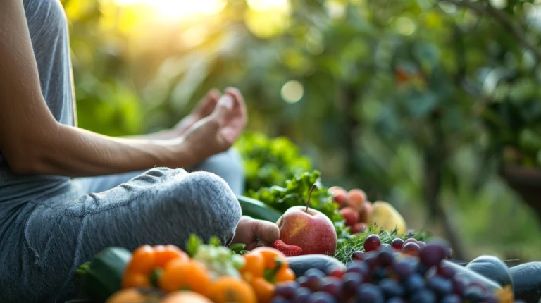 A person peacefully meditating in a serene outdoor setting, surrounded by fresh fruits and vegetables. Show them practicing mindful eating and enjoying healthy foods without feeling deprived.