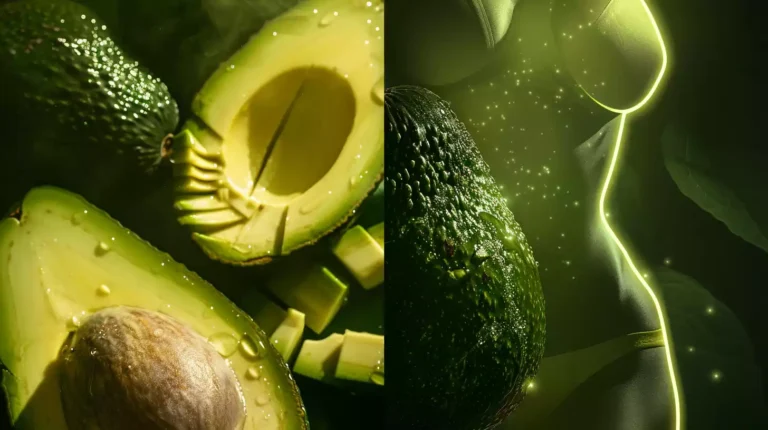 A split-screen image featuring a ripe, halved avocado on the left, with a few slices missing, and a fit, toned female torso on the right, with a subtle green glow surrounding the body.