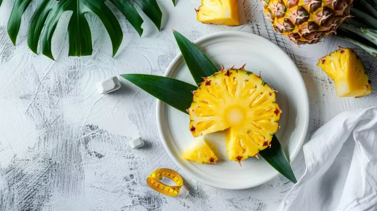 A vibrant, overhead shot of a slice of fresh pineapple, placed on a white plate, surrounded by a few green leaves, with a small measuring tape subtly integrated into the composition.