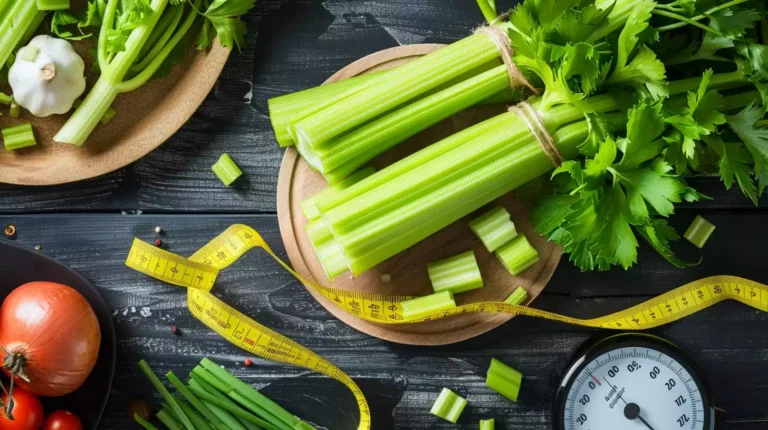 A close-up image of a crisp, green stalk of celery surrounded by a measuring tape, a scale, and a plate of healthy foods. The image conveys the idea of weight loss and health benefits.