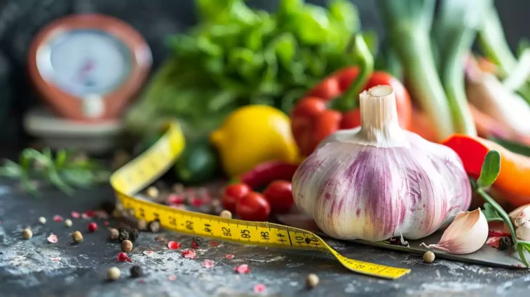 A vibrant, fresh garlic bulb surrounded by a tape measure, a scale, and a variety of colorful vegetables. The scene conveys a sense of health, wellness, and weight loss.