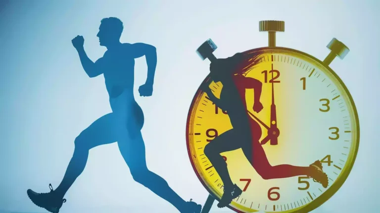 A digital image of a stopwatch with a male and female silhouette running side by side, showing the male finishing first.