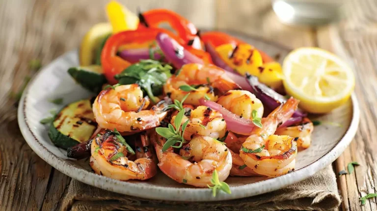 A colorful plate with grilled shrimp, vibrant vegetables, and a side of lemon wedges. The plate is set on a rustic wooden table