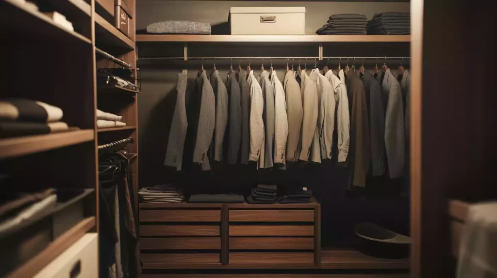 A minimalist closet with a few, high-quality, tailored garments in a neutral color palette, surrounded by empty hangers and a few scattered, discarded low-quality items.