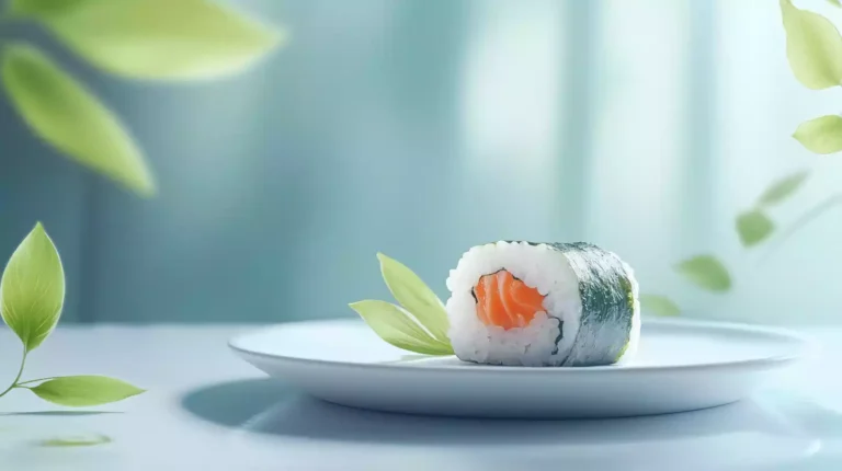 A serene, minimalist composition featuring a small, delicate seaweed-wrapped sushi roll on a white plate, surrounded by a few fresh green leaves and a subtle, gradient blue background.