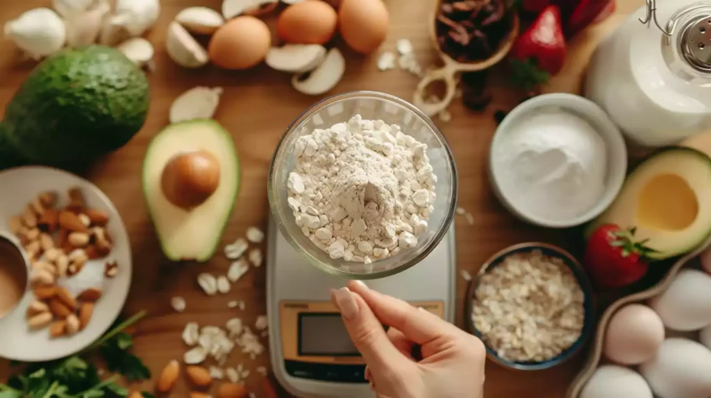 A fitness enthusiast measuring protein powder in a glass on a kitchen scale, surrounded by healthy ingredients.