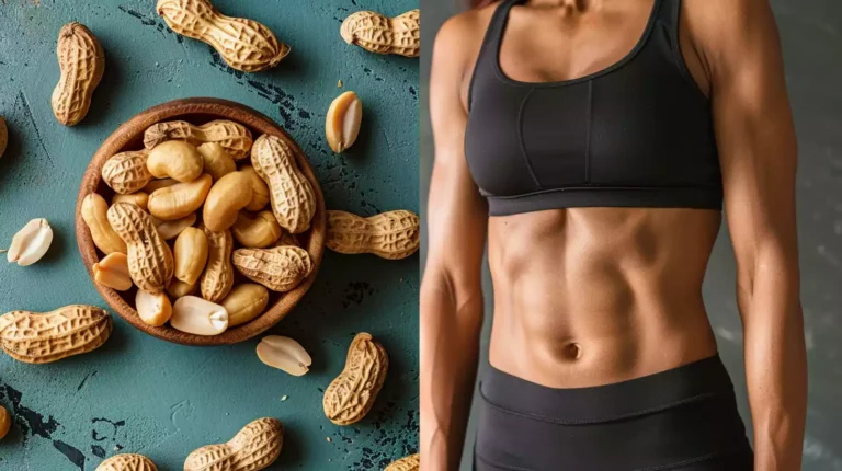 A split-screen image featuring a handful of raw peanuts on the left and a fit, toned abdomen on the right, with a subtle green background and a few scattered peanut shells.