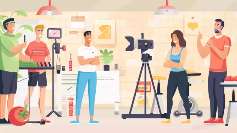 An illustration of a hopeful contestant standing on a scale, a TV camera crew filming, a gym workout scene, a healthy meal, a smiling coach giving a thumbs up, and a contract being signed.