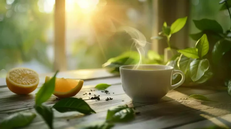 A serene, minimalist composition featuring a steaming cup of green tea on a wooden table, surrounded by lush green leaves and a few slices of citrus fruits, against a warm, natural light background.