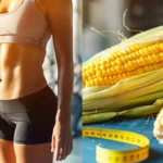 A split-screen image featuring a healthy, glowing person in workout attire on one side, and a vibrant, golden ear of corn on the other, surrounded by fitness equipment and measuring tape.