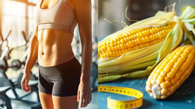 A split-screen image featuring a healthy, glowing person in workout attire on one side, and a vibrant, golden ear of corn on the other, surrounded by fitness equipment and measuring tape.