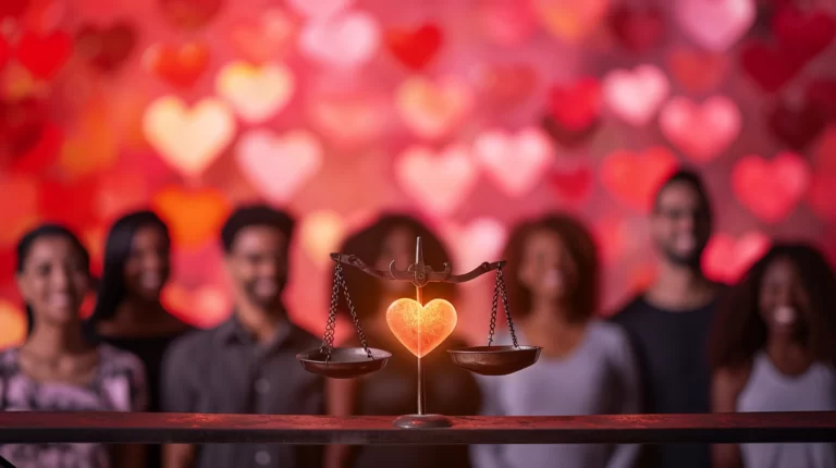 A diverse group of happy couples on a heart-filled background, with a balance scale tipped towards a glowing heart.