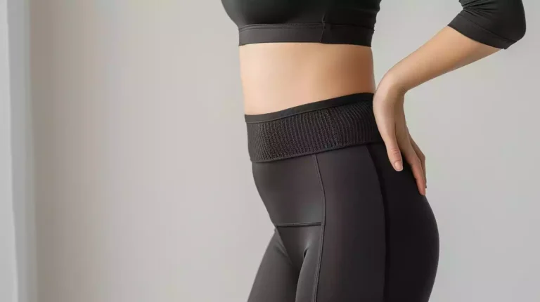 A person wearing a tight compression garment, showcasing its slimming effect on the stomach, thighs, and arms.