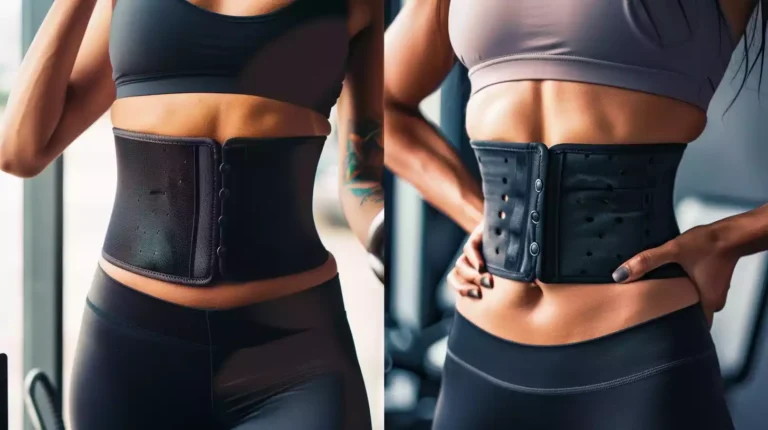 A person wearing a waist trainer while working out at the gym. This shows their progress over time with a before and after shot.