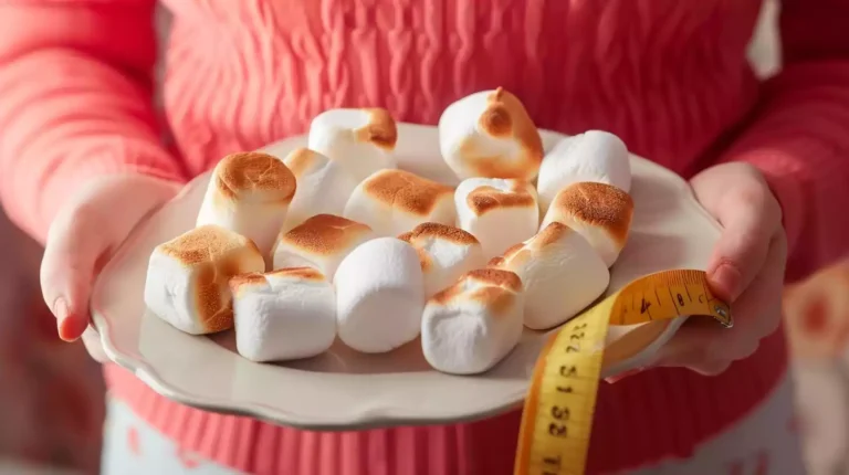 a person holding a plate of fluffy, golden-brown marshmallows next to a measuring tape.