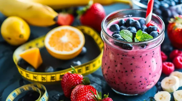 A colorful array of fresh fruits like strawberries, bananas, and blueberries blending into a smoothie. A measuring tape is wrapped around a glass to symbolize weight loss.