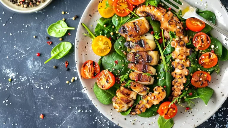 A plate with grilled octopus, vibrant green spinach, and colorful cherry tomatoes, all arranged beautifully to showcase a healthy, weight-loss-friendly meal.