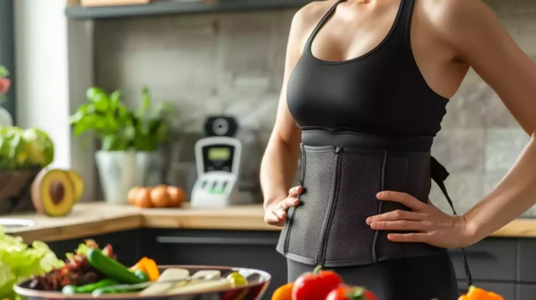 A woman wearing a body shaper while working out, showcasing their toned physique. The background contains healthy food and a scale to represent weight loss progress.