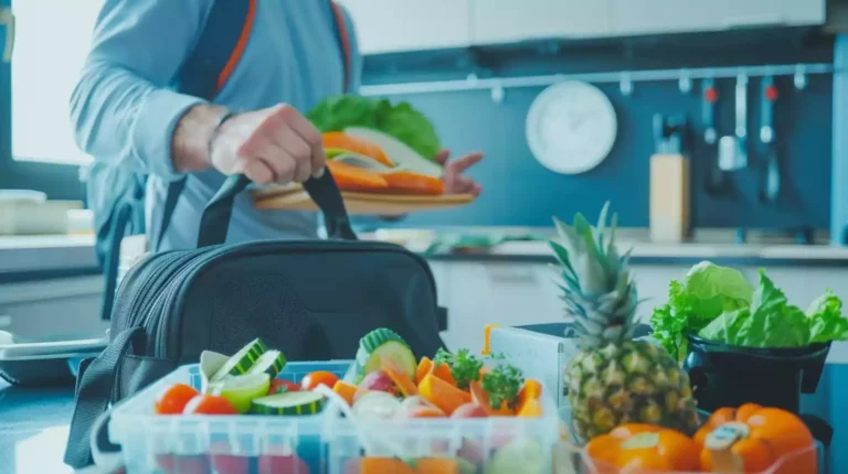 A person in work attire packing a healthy lunch, with a gym bag by their side, while a clock on the wall shows it's lunchtime.