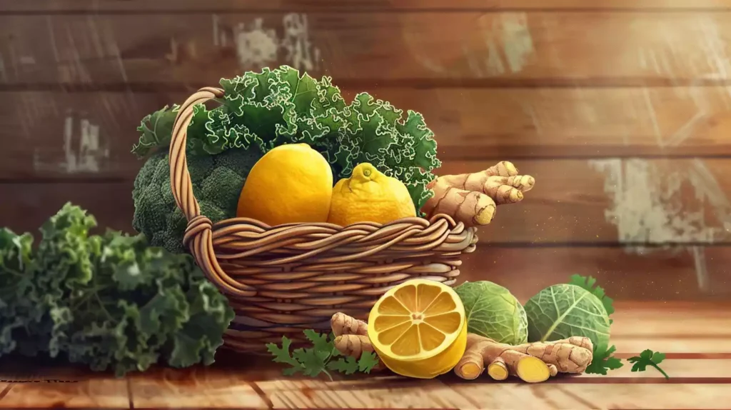 A warm, inviting still-life image featuring a woven wicker basket overflowing with vibrant, fresh detoxifying foods like kale, lemons, ginger, and turmeric, set against a natural wooden background.