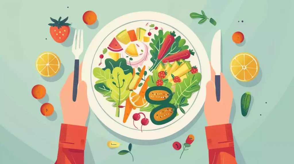 A fun illustration of a person happily eating a balanced meal with colorful fruits, vegetables, and a small portion of dessert on a plate, showcasing the concept of enjoying moderation in eating to lose weight.