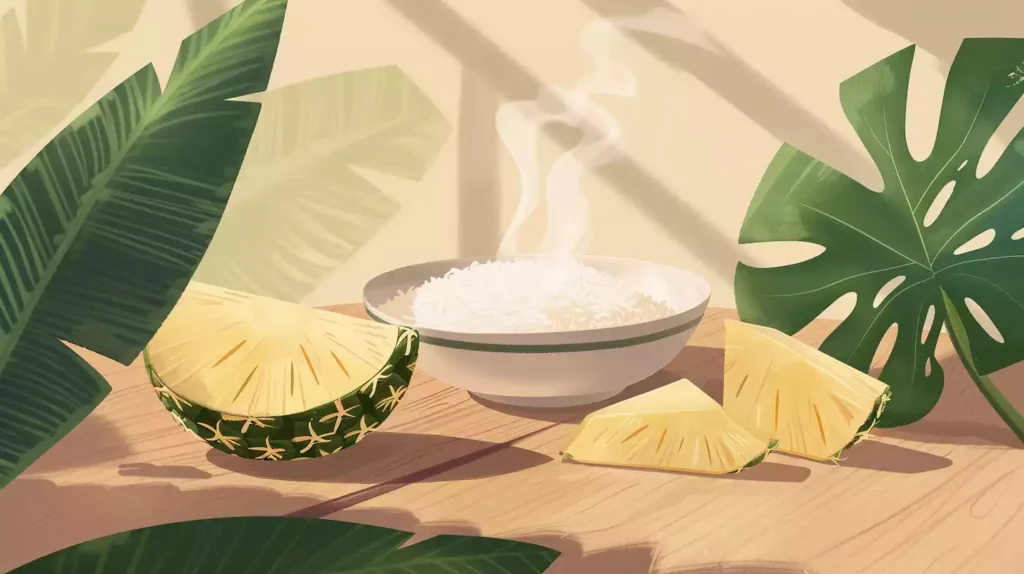 A small, delicate bowl of steaming white rice on a natural wood table, surrounded by lush green leaves and a few slices of fresh, juicy pineapple.