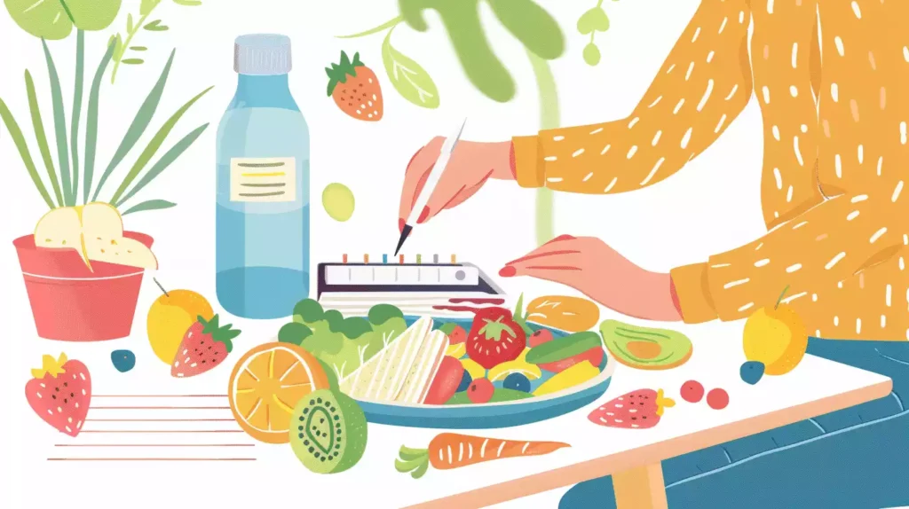 A fun illustration showing a person at a desk, with a plate of colorful fruits and veggies, a bite counter device, and a water bottle, integrating bite counting into their daily routine for weight loss.