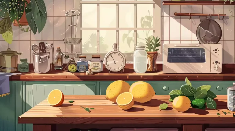 A warm and cozy kitchen interior with a wooden table in the center, surrounded by various grandma's home remedy ingredients like lemons, ginger, and green tea, alongside a vintage scale and a few fresh fruits.