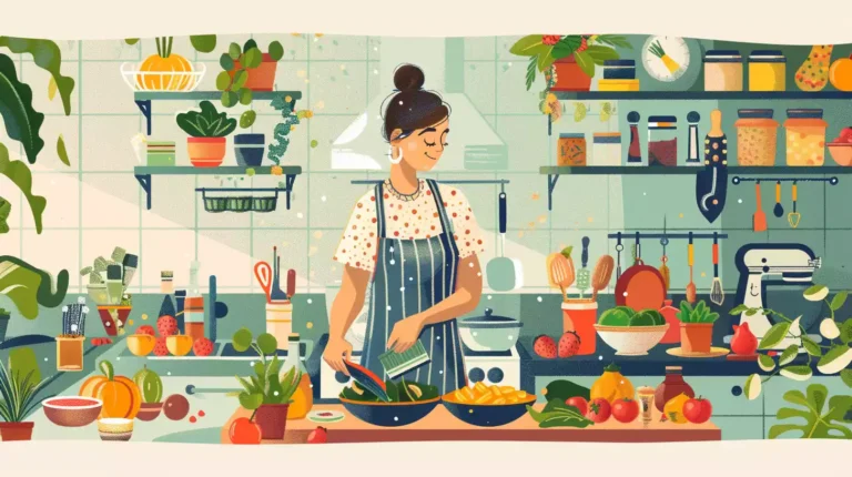 A fun illustration of a person surrounded by colorful, fresh fruits and vegetables, happily preparing a balanced meal in a vibrant and inviting kitchen setting.