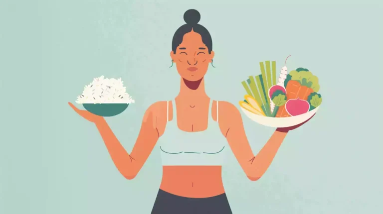 A split-screen image featuring a healthy, slim person in active wear holding a small serving of white rice in one hand and a larger plate of mixed vegetables in the other, set against a clean, minimalist background.