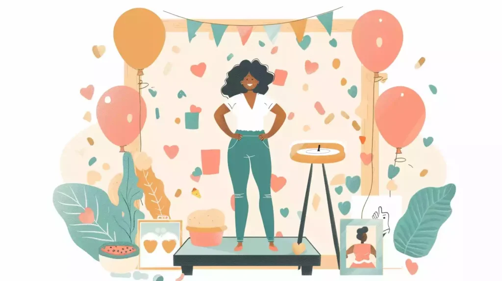 A simple illustration of a warm, golden-lit studio with a large, rustic wooden backdrop, adorned with balloons and confetti, featuring a confident, smiling woman standing on a scale, surrounded by progress photos and healthy snacks.