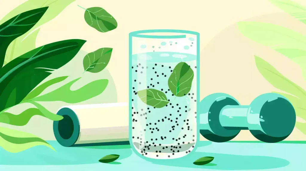 A simple illustration featuring a glass of clear water with chia seeds suspended in it, surrounded by a few fresh green leaves and a subtle, faded background of a fitness-related item, such as a yoga mat or dumbbells.