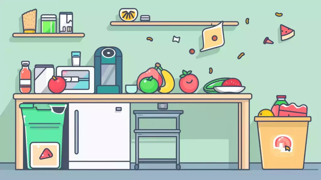 A simple colorful illustration of a desk with a mini fridge, healthy snacks like fruits and nuts, and a trash can with discarded junk food wrappers, highlighting the contrast between good and bad snacking habits.