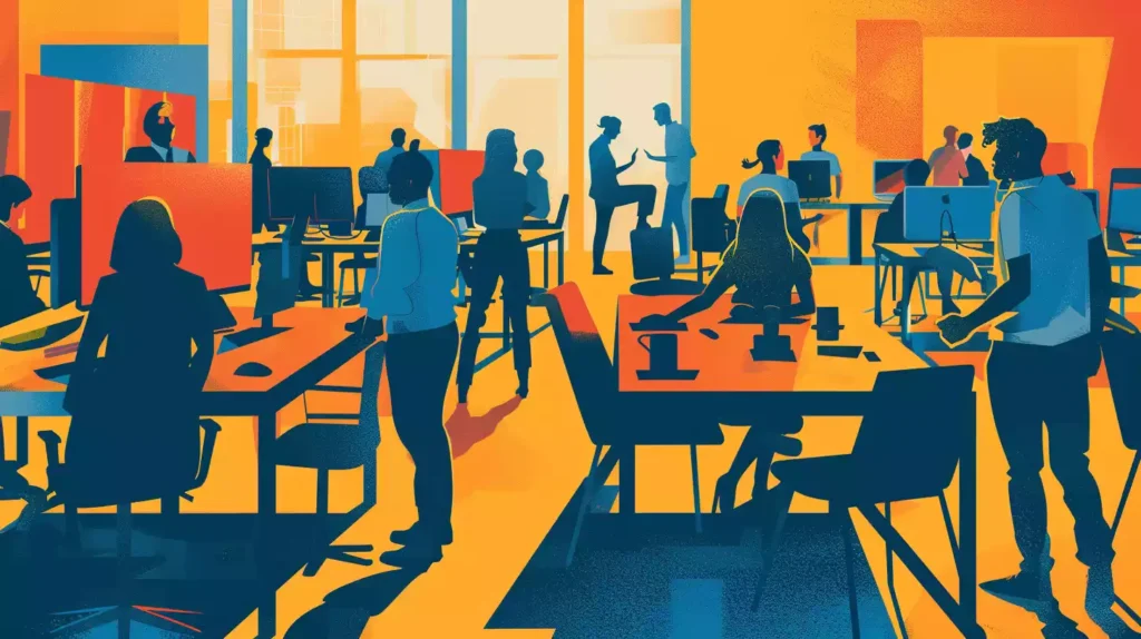 A simple vibrant illustration of a busy office with a few employees taking breaks to stretch, walk around, or do chair yoga, amidst a background of computers and desks.