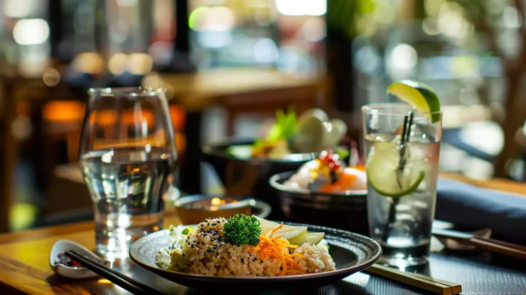 A serene, minimalist table setting at a Japanese restaurant, featuring a hibachi grill in the background, with a small, balanced meal of protein, vegetables, and brown rice, garnished with sesame seeds and a slice of lime.