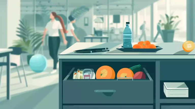 A simple illustration depicting a healthy snack-filled desk drawer, a water bottle, and a small exercise ball chair, set against a blurred office background with a few coworkers walking in the distance.