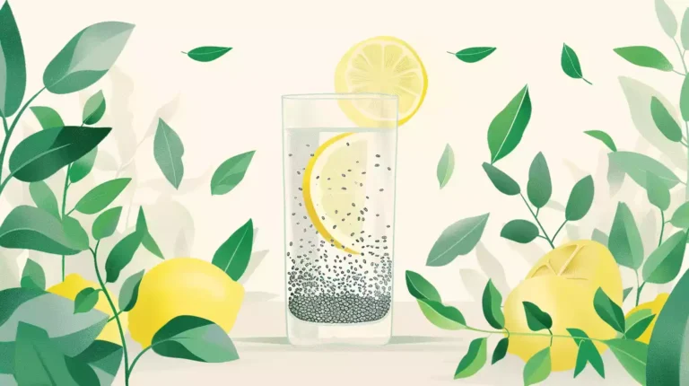 A minimalist illustration of a clear glass filled with chia seeds soaked in water, surrounded by lush greenery and a few sliced lemons, against a soft, creamy white background.