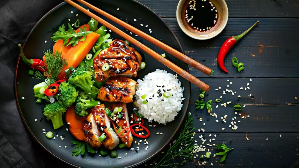 A vibrant, overhead shot of a Japanese-style meal on a dark wooden table, featuring grilled chicken, steamed vegetables, and a small serving of white rice, with chopsticks and a sprinkle of sesame seeds.