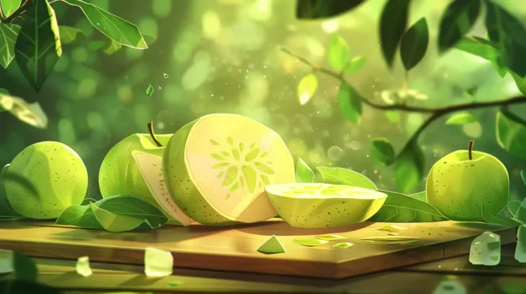 A vibrant illustration of a sliced ice apple (nungu) on a wooden cutting board, surrounded by lush green leaves and a few whole ice apples, with a blurred background of a serene natural setting.