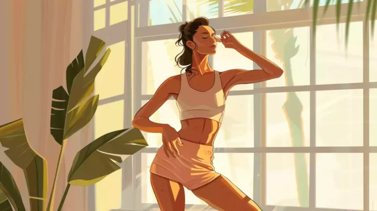 A funny illustration of a sunlit studio with a female model posing in front of a large window, soft natural light illuminating her fit physique, with a mix of relaxed and dynamic poses showcasing her weight loss journey.