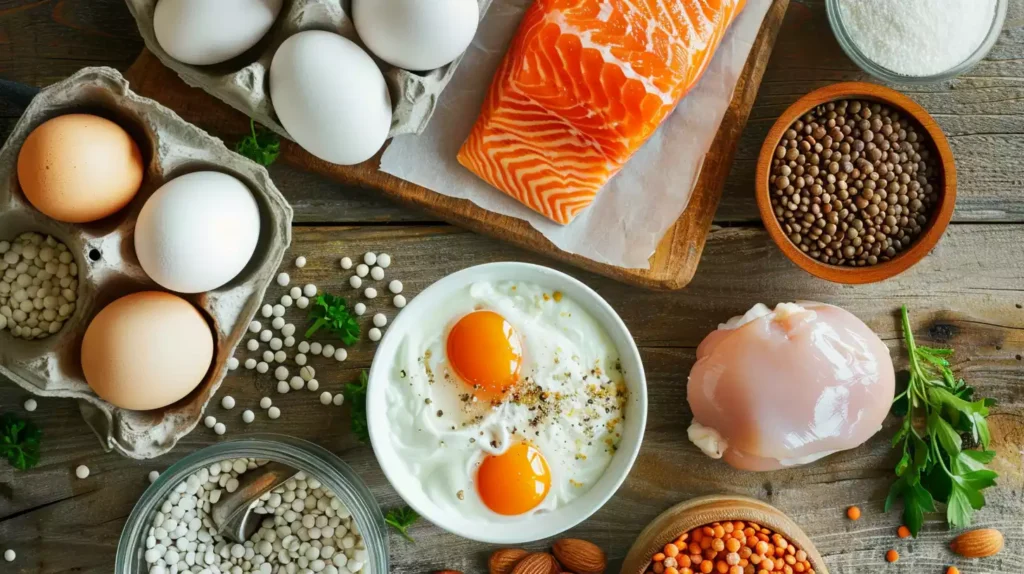 Colorful array of whole foods: eggs, chicken breast, Greek yogurt, lentils, almonds, and salmon arranged on a wooden table.