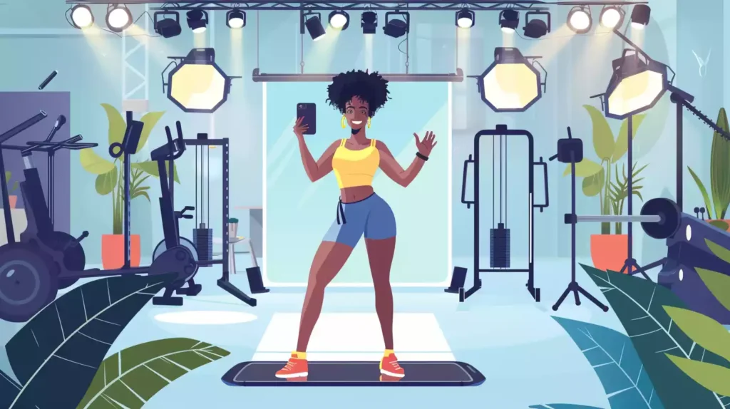 An illustration of a dynamic scene of an individual confidently recording themselves on a smartphone, surrounded by bright lighting, a clear backdrop, and fitness equipment, capturing their energetic personality and fitness journey in an inspiring and engaging manner.