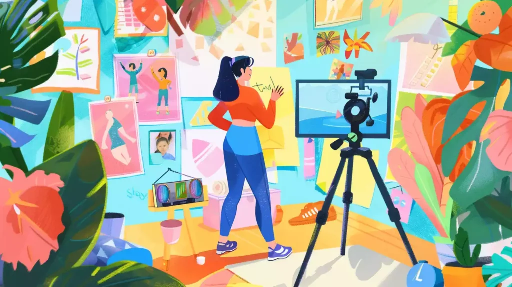 An illustration of a dynamic individual confidently speaking to a camera, surrounded by memories like childhood photos, workout gear, and a vision board, creating a vibrant, inspiring backdrop that highlights their personal weight loss journey and aspirations.