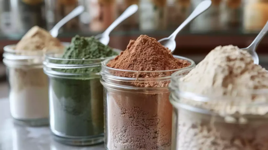 Multiple glass jars filled with various colored protein powders: white, brown, green, and beige. A small scoop rests atop each jar, showcasing the powders' textures. Fitness equipment blurred in background.