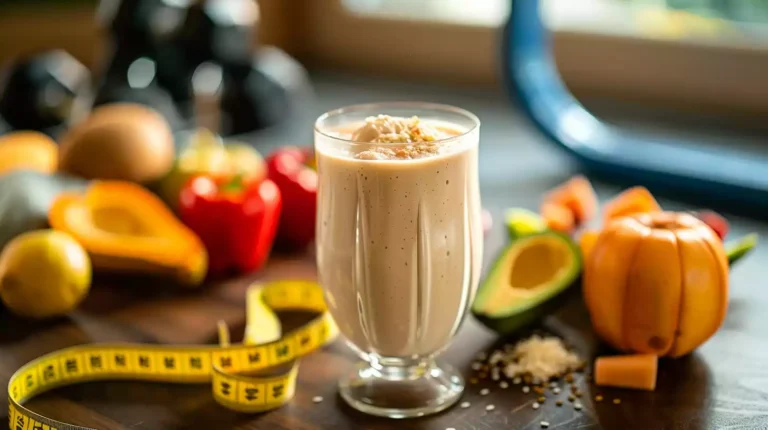 Close up of a glass filled with creamy protein shake, surrounded by fresh fruits, vegetables, and a measuring tape. Gym equipment blurred in background.