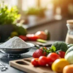 A close up of a kitchen scale with a small pile of white xanthan gum powder, surrounded by fresh fruits, vegetables, and measuring spoons. Soft, natural lighting emphasizes textures and healthy ingredients.