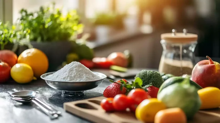 A close up of a kitchen scale with a small pile of white xanthan gum powder, surrounded by fresh fruits, vegetables, and measuring spoons. Soft, natural lighting emphasizes textures and healthy ingredients.